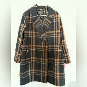 DKNY Black and Brown Plaid Double-Breasted Wool Pea Coat
